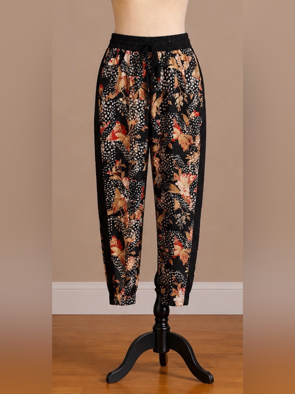 Topshop Black Floral Jogger Pants with Gold and Red Accents